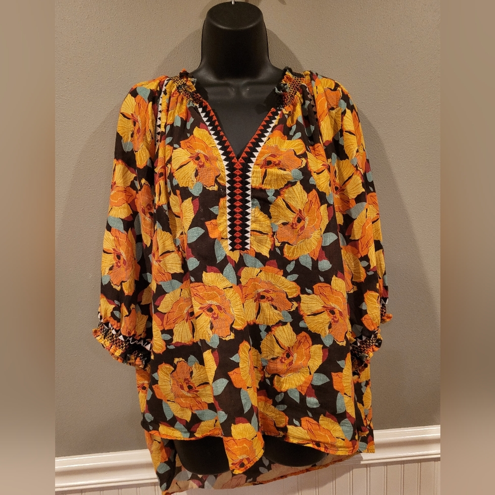 Sundance Floral Peasant Blouse in Orange, Black, Blue